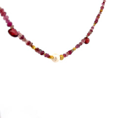 14k Yellow Gold Tourmaline ,Briolette Garnet and Pearl Bead Necklace