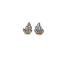 18k Yellow Gold 1ct Channel Set Princess Cut Blue Sapphire and .25ct F VS2 Round Diamond Leaf Earrings