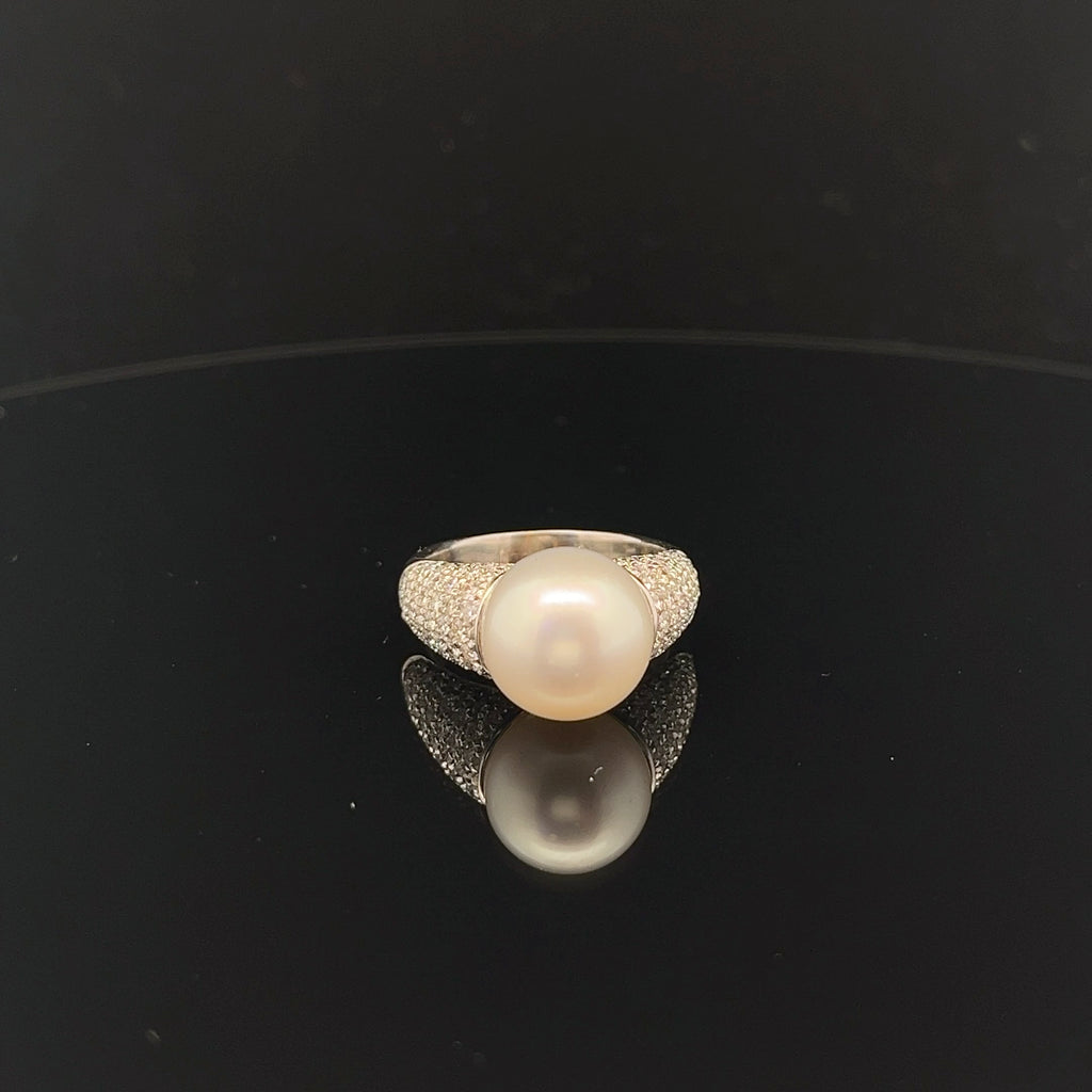 18k White Gold 1.25CT F VS1 ROUND DIAMOND 13MM Fresh Water White Pearl  ring