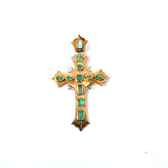 18k Yellow Gold 2.20ct Multi Shape Colombian Emerald 1 3/4 x 1" inch Cross Pendant