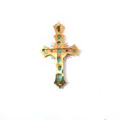 18k Yellow Gold 2.20ct Multi Shape Colombian Emerald 1 3/4 x 1" inch Cross Pendant