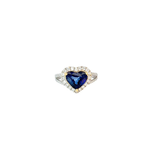18k Two Toned 2.54ct Heart Shape Blue Sapphire and .66ct F VS2 Round Diamond Ring Certified by GIA #6204094938