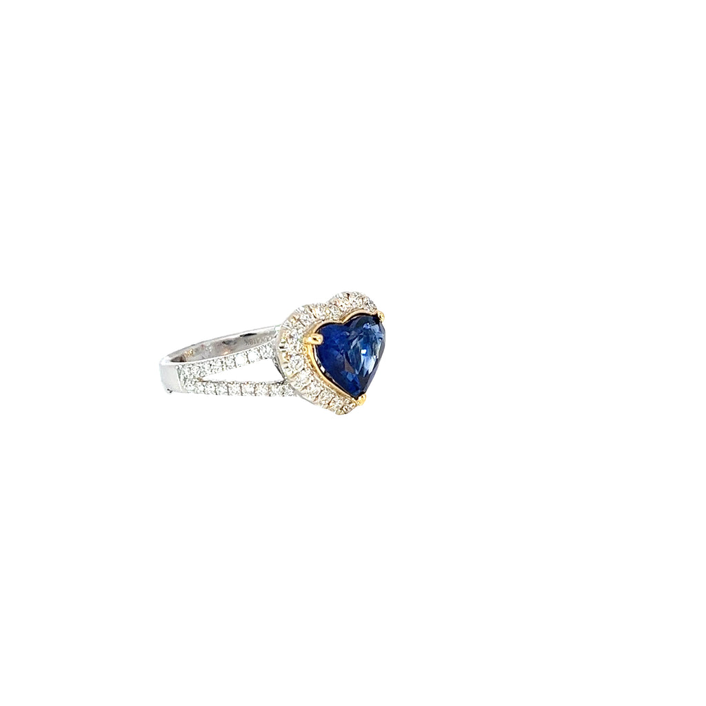 18k Two Toned 2.54ct Heart Shape Blue Sapphire and .66ct F VS2 Round Diamond Ring Certified By GIA # 6204094938