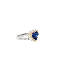 18K Two Toned 2.54ct Heart Shape Blue Sapphire and .66ct F VS2 Round Diamond Ring Certified By GIA # 6204094938