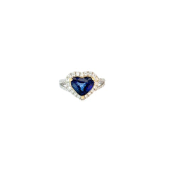 18K Two Toned 2.54ct Heart Shape Blue Sapphire and .66ct F VS2 Round Diamond Ring Certified By GIA # 6204094938