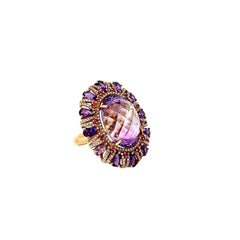 18K Rose Gold 19.53ct  Amethyst and Ruby  .70ct F VS2 Round Diamond Cocktail Ring