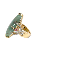 14k Yellow Gold Marquise Jade Green  and .35ct Pink Sapphire Ring