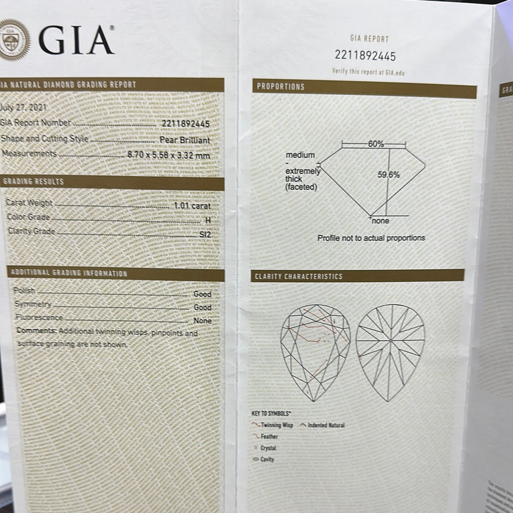 1.01 CT H SI2 PEAR DIAMOND GIA