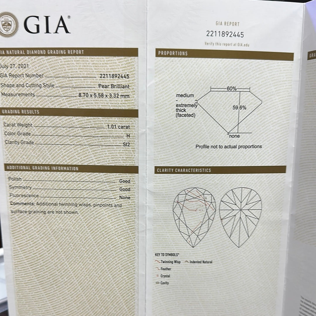 1.01ct H SI2 Pear Diamond GIA