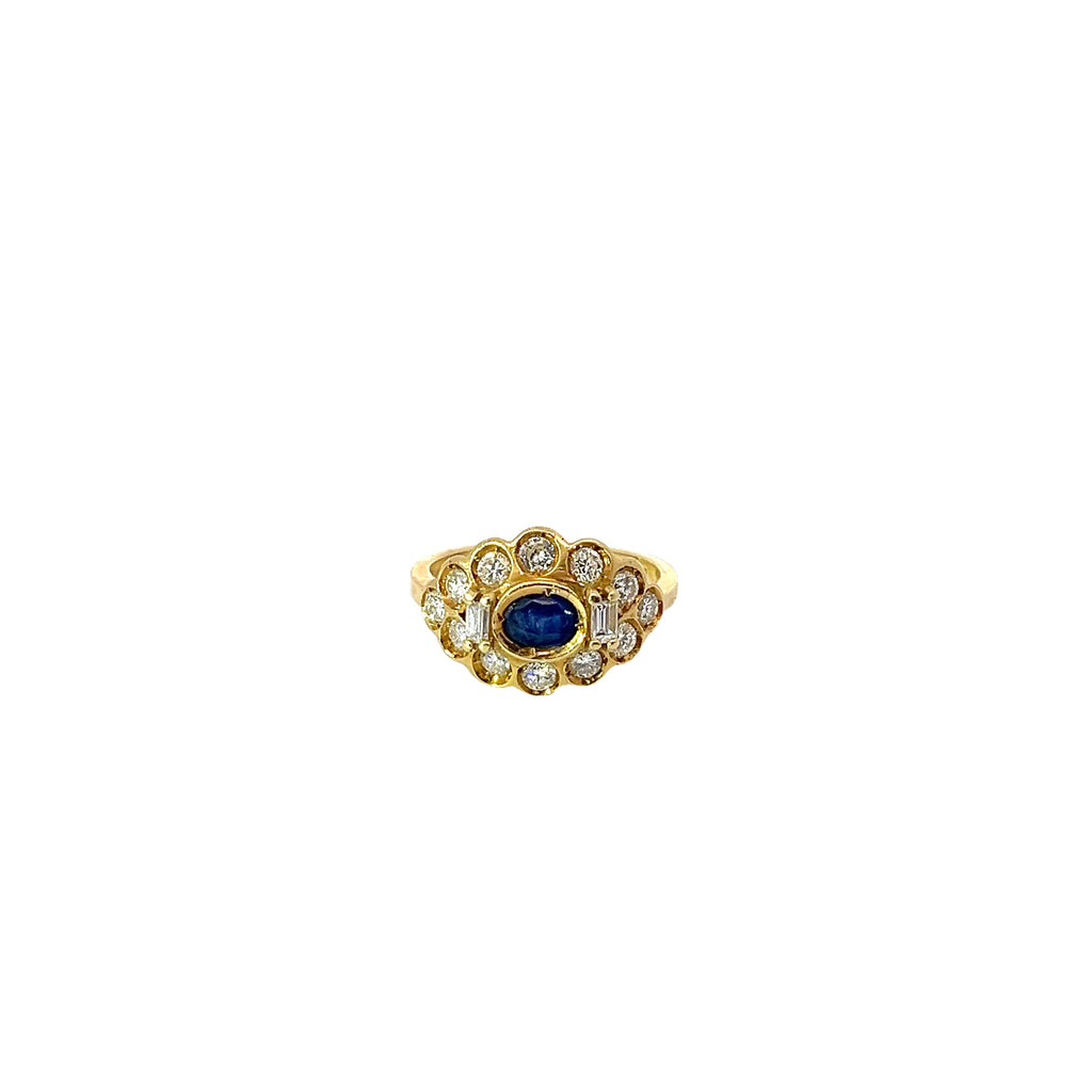 18k Yellow Gold Vintage 1.00ct F VS2 Radiant and Round Diamond /.70ct Oval Blue Sapphire Ring