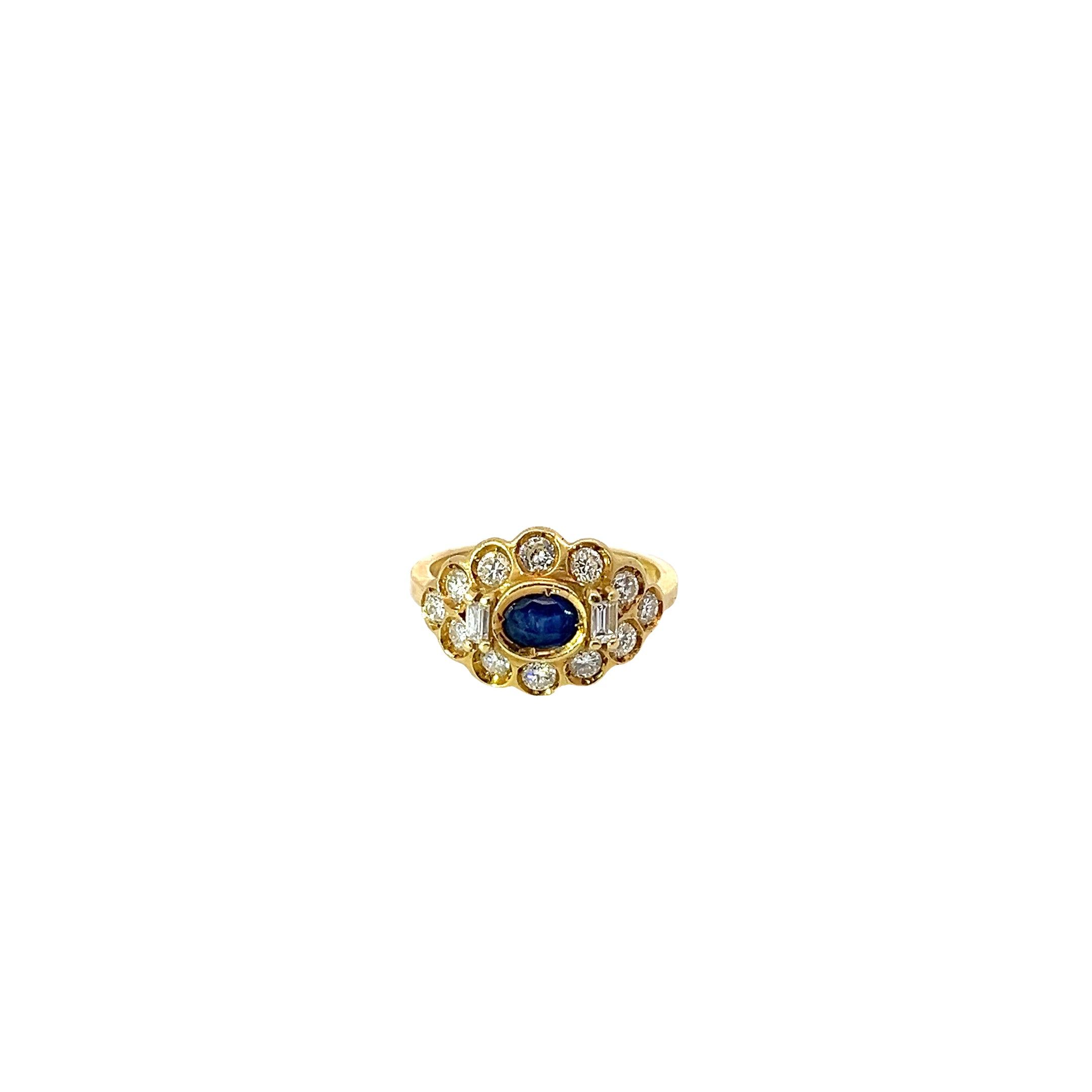 18k Yellow Gold Vintage 1.00ct F VS2 Radiant and Round Diamond /.70ct Oval Blue Sapphire Ring