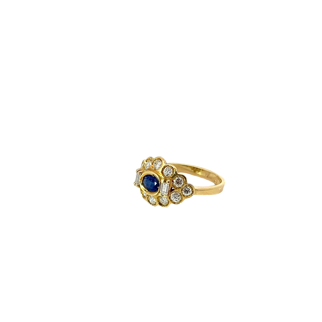 18k Yellow Gold Vintage 1.00ct F VS2 Radiant and Round Diamond /.70ct Oval Blue Sapphire Ring