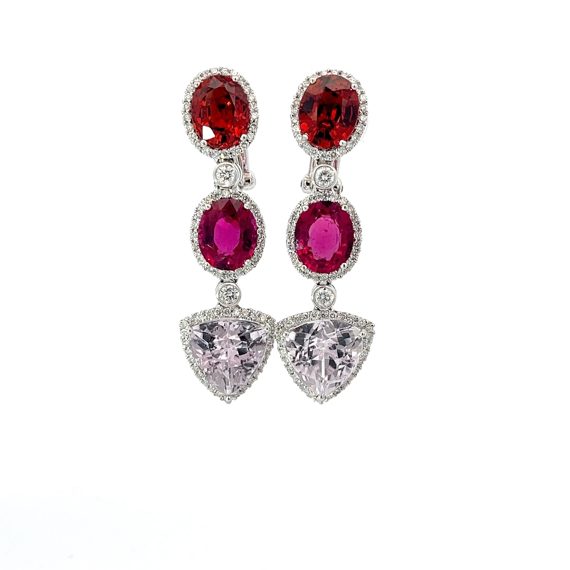 18k White Gold 1.00ct F VS2 Oval Shaped Diamond , (2) 9.96ct Oval Shaped Spessartine Garnet, (2) 10.01ct Oval Shaped Tourmaline Rubellite and  (2) 10.97ct Trillion Shaped Kunzite Drop Earrings Certified By GIA #5231392666