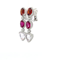18k White Gold 1.00ct F VS2 Oval Shaped Diamond , (2) 9.96ct Oval Shaped Spessartine Garnet, (2) 10.01ct Oval Shaped Tourmaline Rubellite and  (2) 10.97ct Trillion Shaped Kunzite Drop Earrings Certified By GIA #5231392666