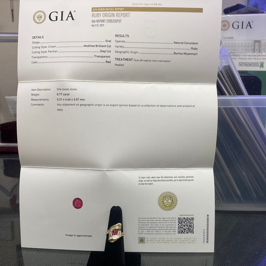 14k Yellow Gold 1.63ct F VS1 Baguette Diamond and .77ct Round Burma Ruby Ring Certified By GIA # 2205220757