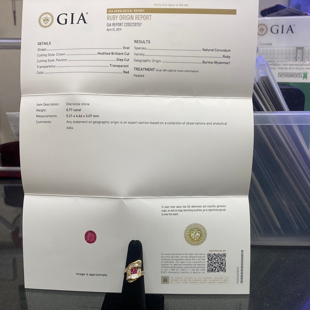 14k Yellow Gold 1.63ct F VS1 Baguette Diamond and .77ct Round Burma Ruby Ring Certified By GIA # 2205220757