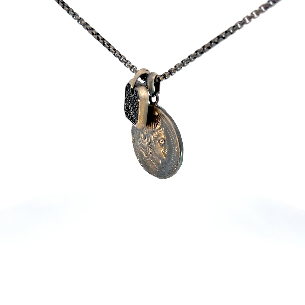Sterling Silver 25.2 gram Necklace/ Square with Black Onyx and Coin Pendant