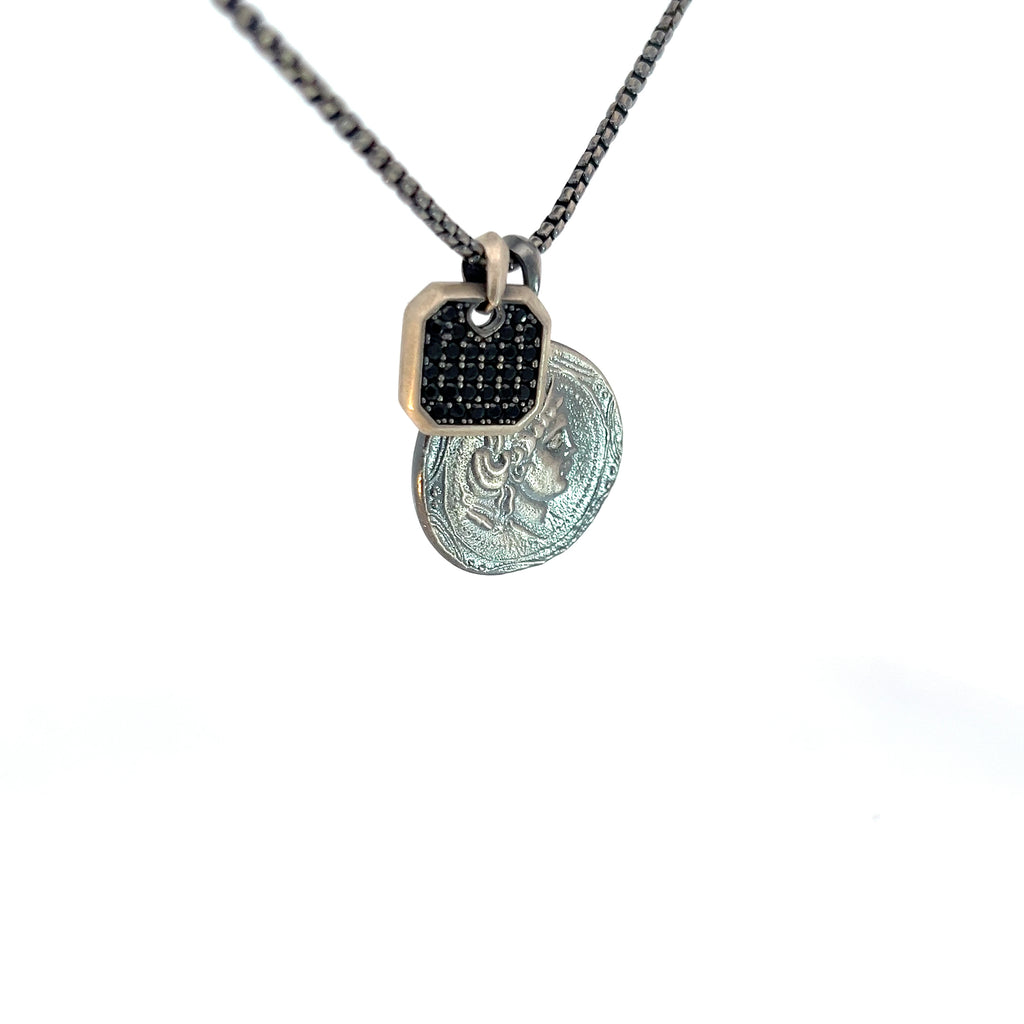 Sterling Silver 25.2 gram Necklace/ Square with Black Onyx and Coin Pendant