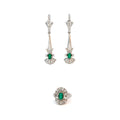 18KW .50CT COLOMBIAN EMERALD FVS2/1CT TOTAL WEIGHT DIAMOND VINTAGE MATCHING EARRING/RING SET