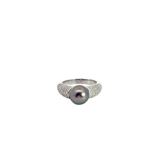 18k White Gold .50ct F VS2 Round Diamond and 10mm Tahitian Pearl Ring