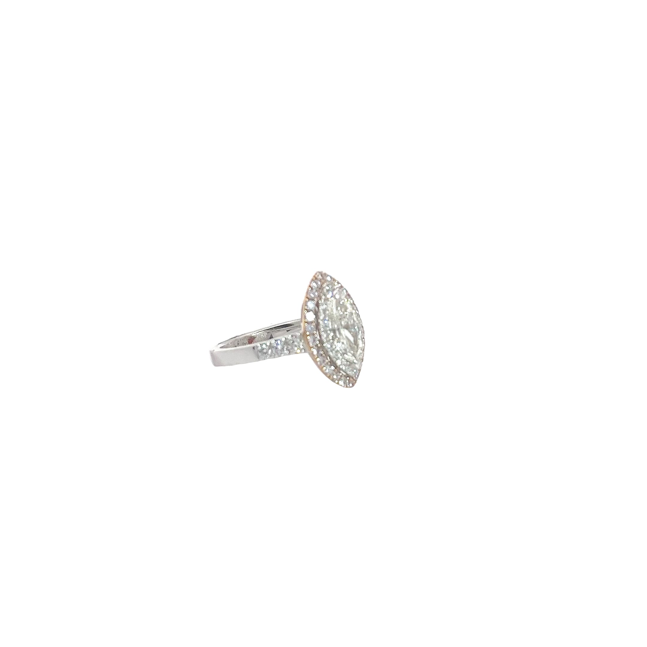 18k Two Toned .99ct K Faint Brown SI 2 Marquise Shaped Diamond / .40ct Natural Light Pink Round  Diamond around the Halo and .60ct G VS2 Round along the Band Engagement Ring Certified By GIA # 5202068747 Size 6 1/2