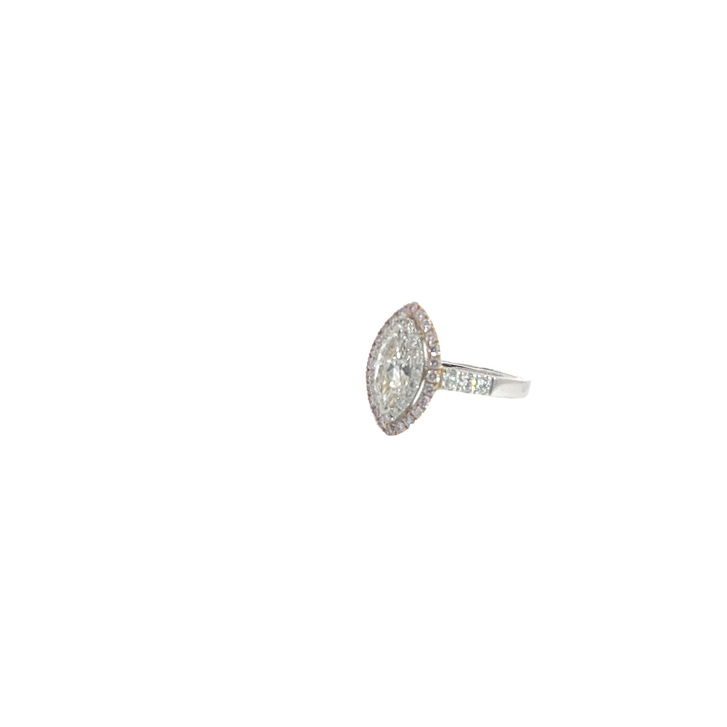 18k Two Toned .99ct K Faint Brown SI 2 Marquise Shaped Diamond / .40ct Natural Light Pink Round  Diamond around the Halo and .60ct G VS2 Round along the Band Engagement Ring Certified By GIA # 5202068747 Size 6 1/2