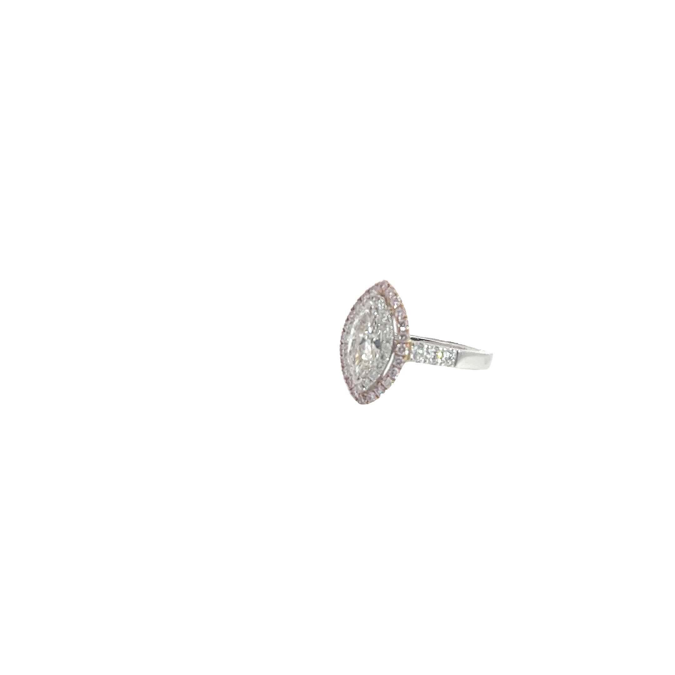 18k Two Toned .99ct K Faint Brown SI 2 Marquise Shaped Diamond / .40ct Natural Light Pink Round  Diamond around the Halo and .60ct G VS2 Round along the Band Engagement Ring Certified By GIA # 5202068747 Size 6 1/2