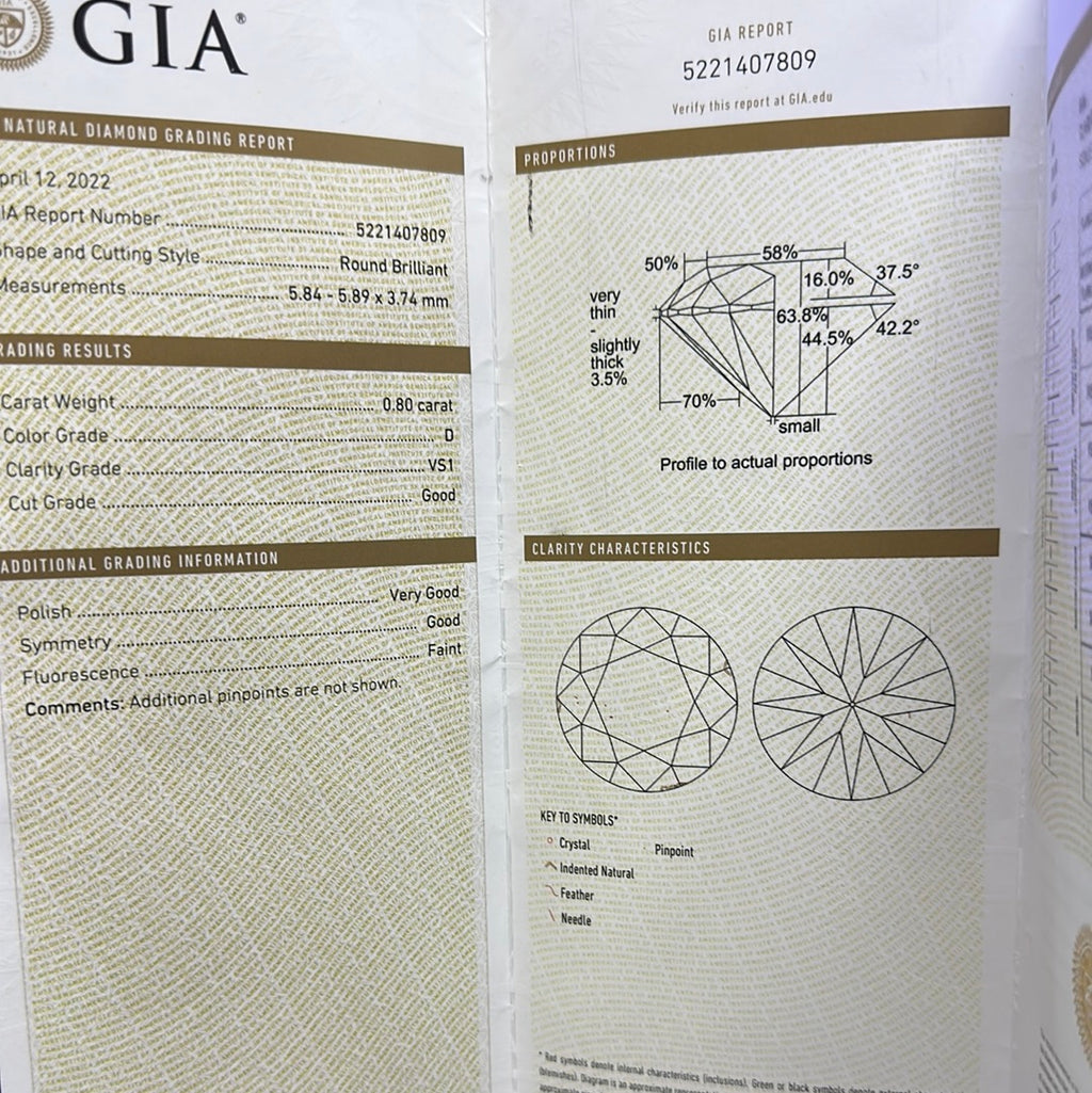 .80CT D VS1 ROUND DIAMOND GIA