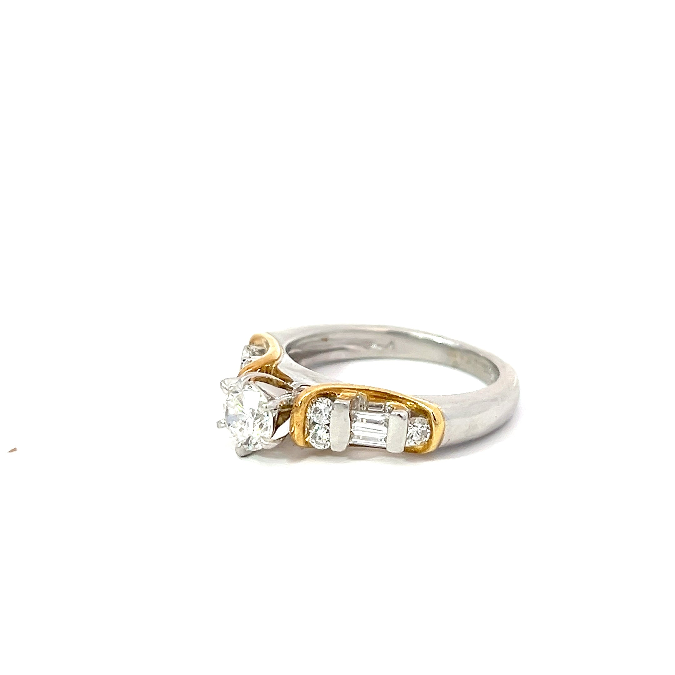 Platinum / 18k Yellow Gold .50ct E VS2 Round Center /.50ct E VS2 Baguette Diamond Channel Set Engagement Ring
