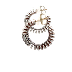 Pre-Owned Lagos Sterling Silver and .50ct Round Diamond Scalloped Caviar Hoop Earrings with 14k White Gold Post (Rare)