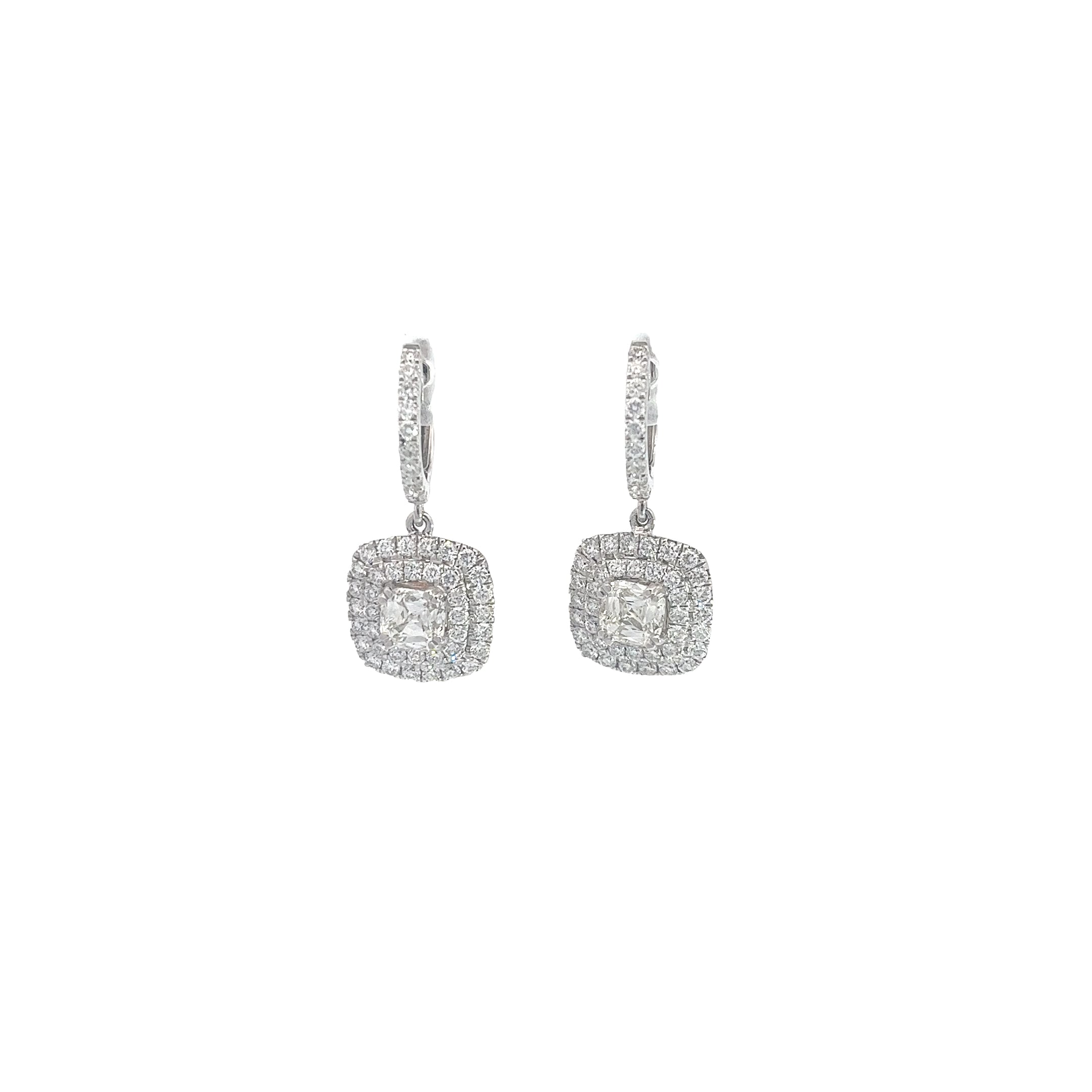 18K WHITE GOLD 1.43CT CUSHION CUT AND 1.50CT ROUND G VS2 PAVE SET DROP EARRINGS