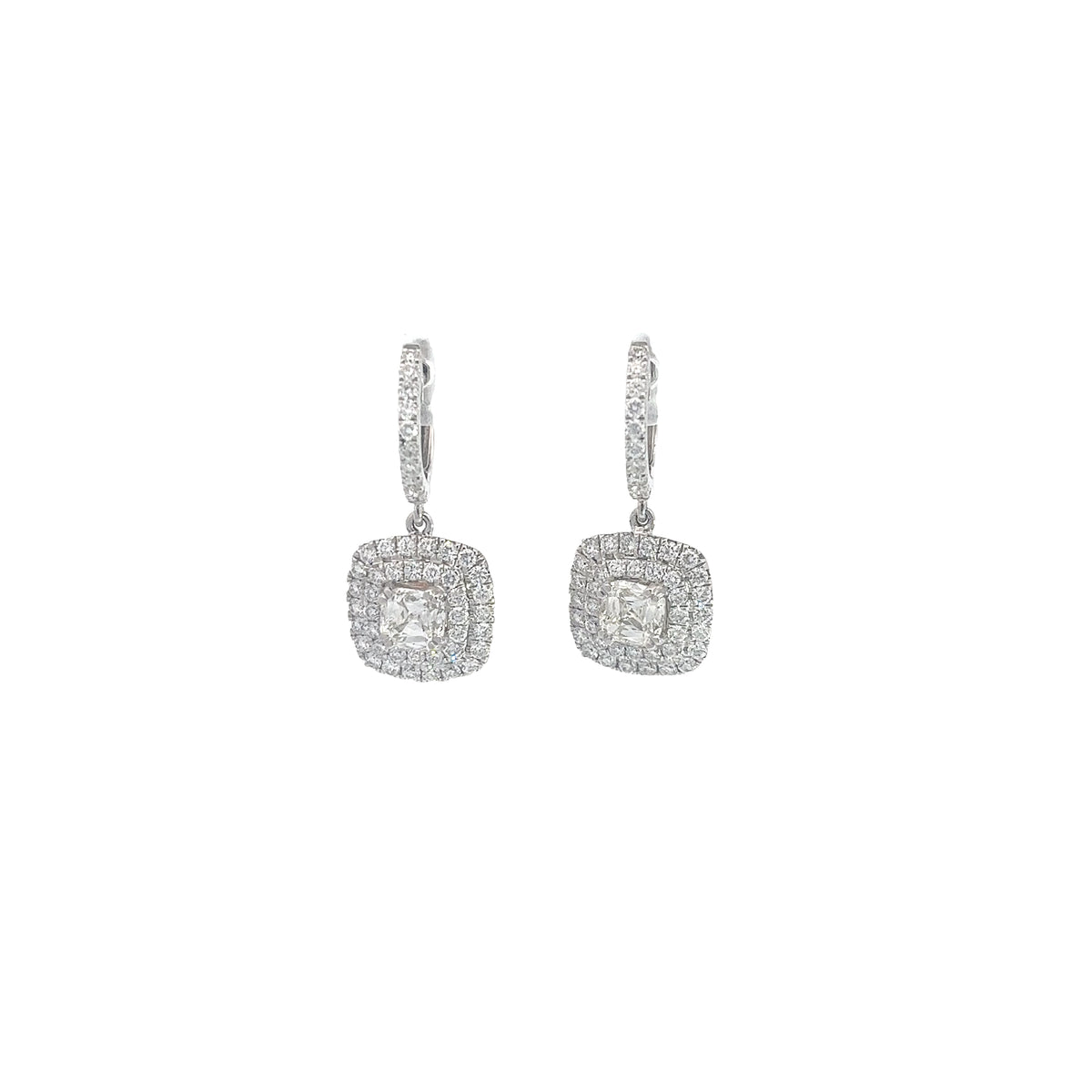 18K WHITE GOLD 1.43CT CUSHION CUT AND 1.50CT ROUND G VS2 PAVE SET DROP EARRINGS