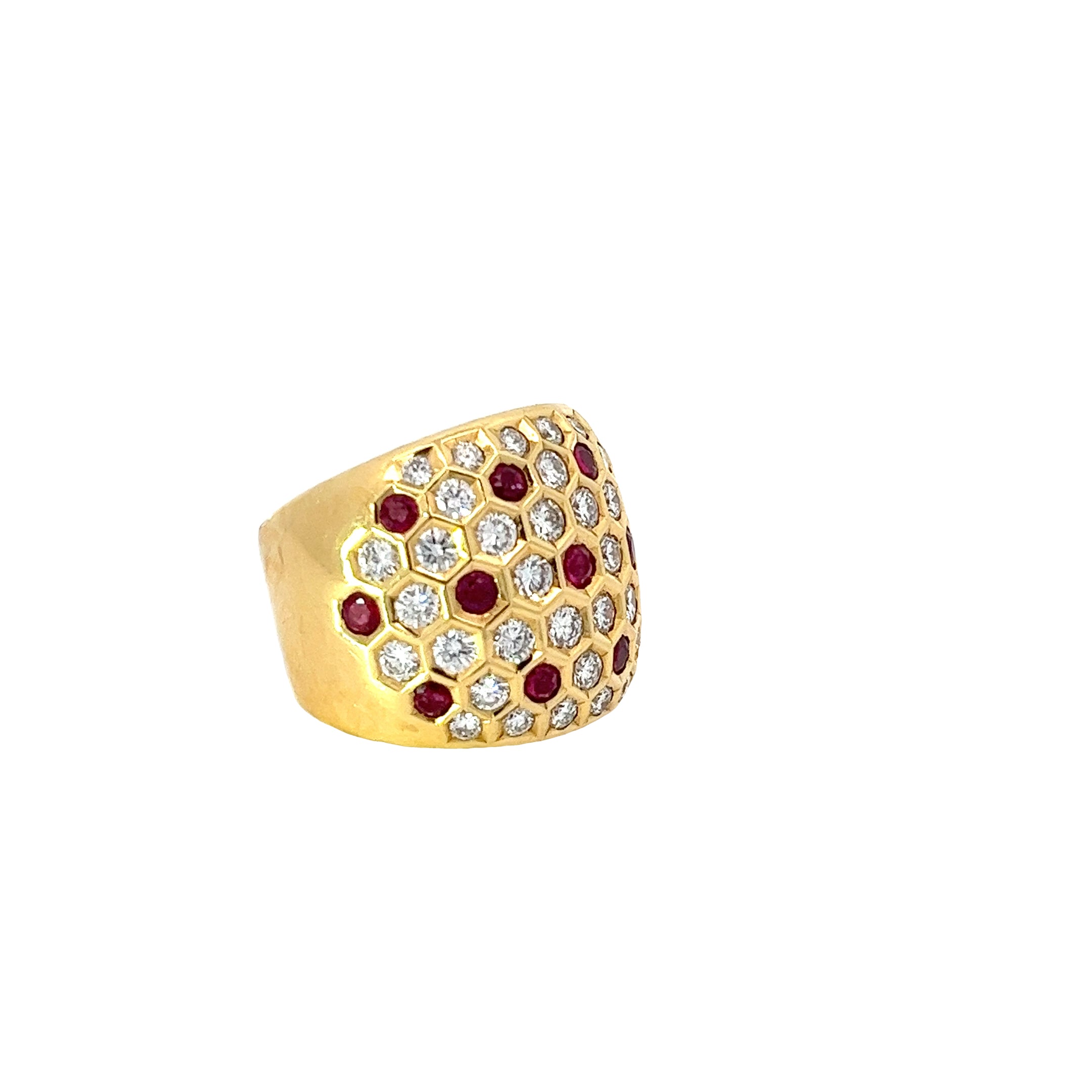 18k Yellow Gold 1.09ct Round AAA Ruby and 2.01ct F VS1 Round Diamond Honeycomb Ring