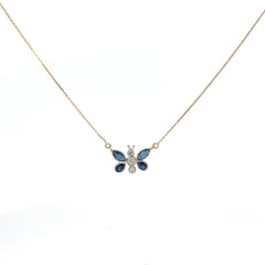 14k yellow gold .75ct marquise and pear shape blue sapphire and .25ct diamond butterfly pendant