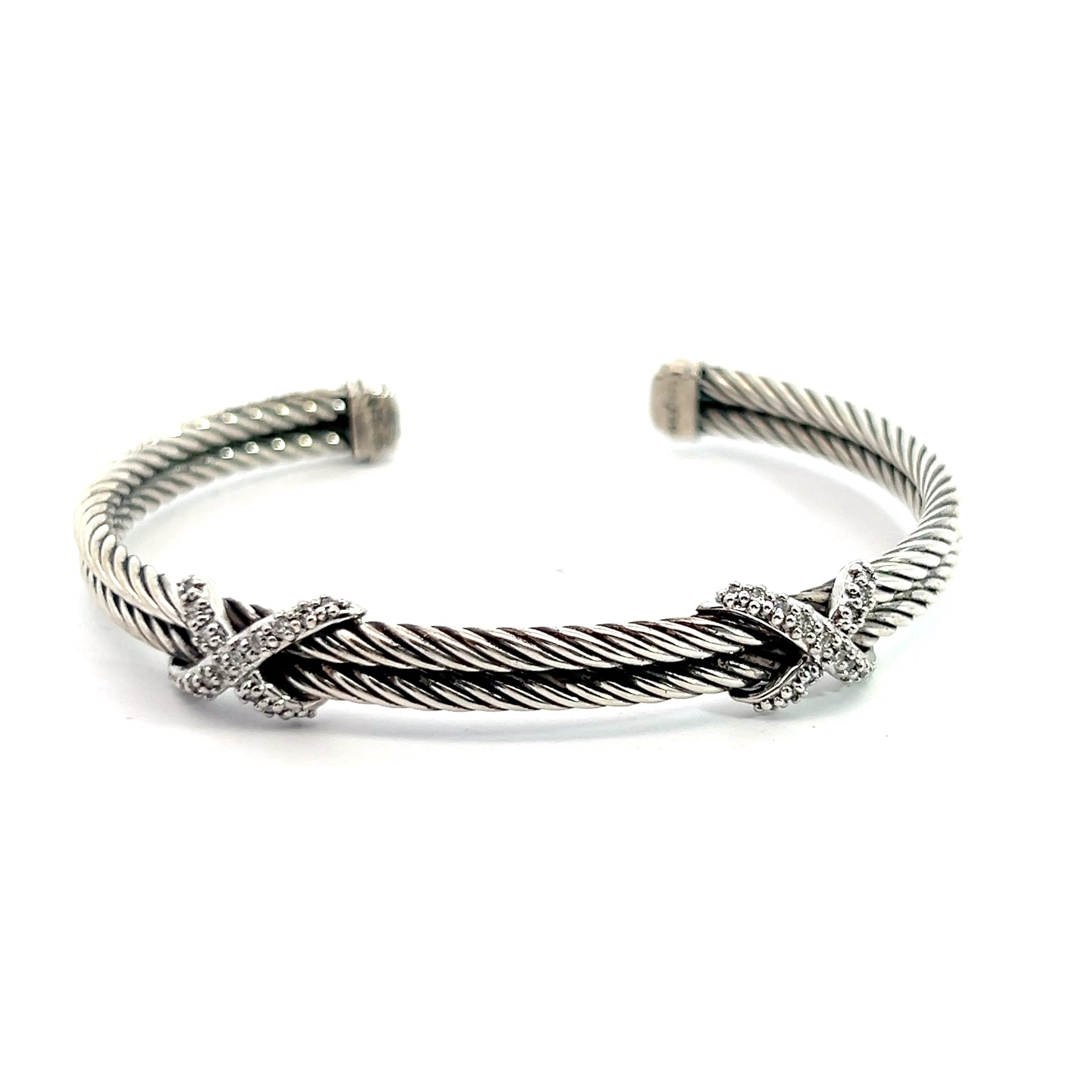 Pre-Loved David Yurman 925 Sterling Silver Diamond Double X Cuff Bracelet