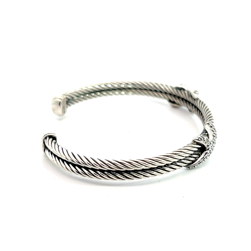Pre-Loved David Yurman 925 Sterling Silver Diamond Double X Cuff Bracelet