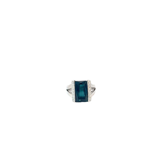 Platinum 4.82ct Octagonal Dark Greenish Blue Tourmaline and Surround by .25ct F VS2 Round Diamond Ring Certified by GIA #2181165038