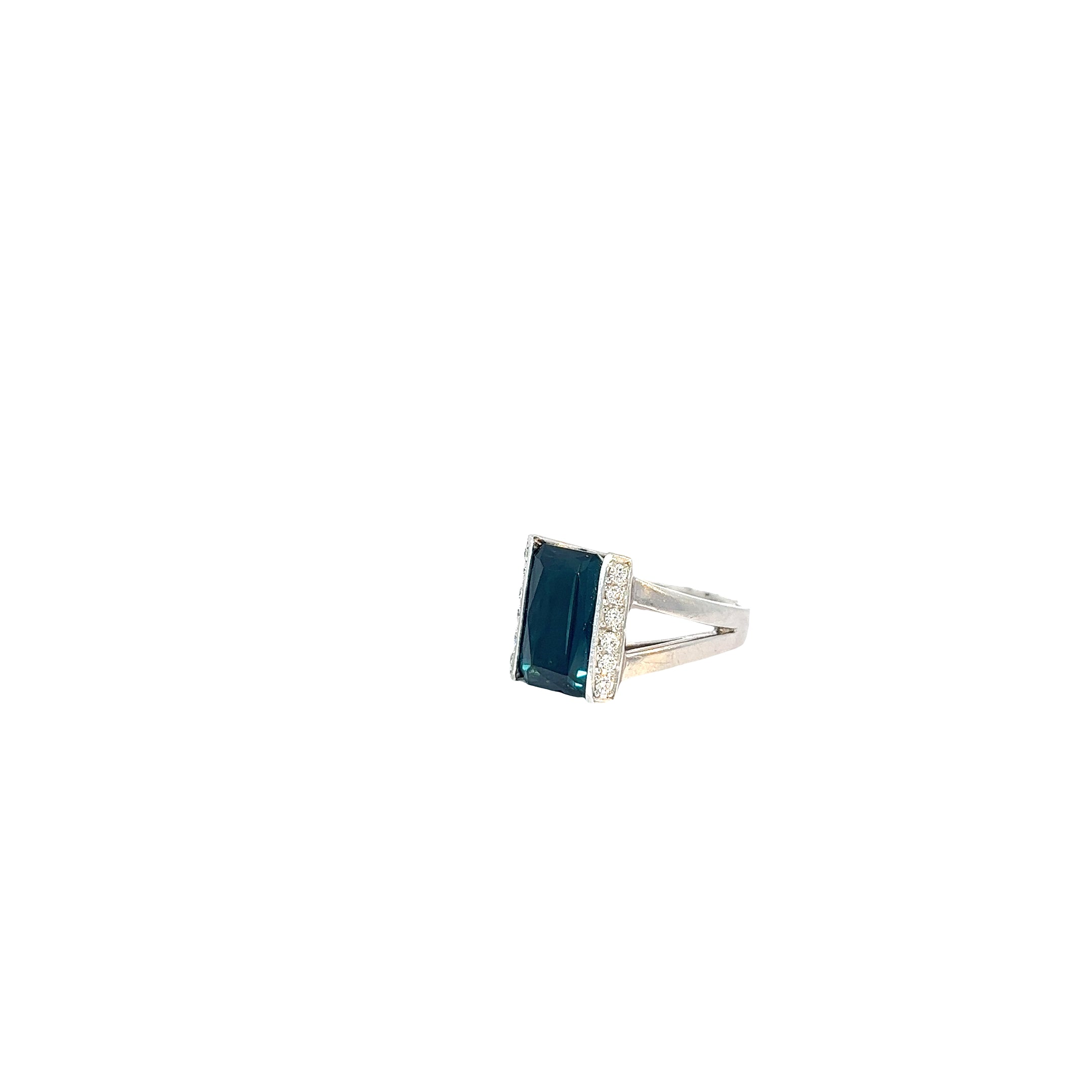 Platinum 4.82ct Octagonal Dark Greenish Blue Tourmaline and Surround by .25ct F VS2 Round Diamond ring Certified by GIA #2181165038