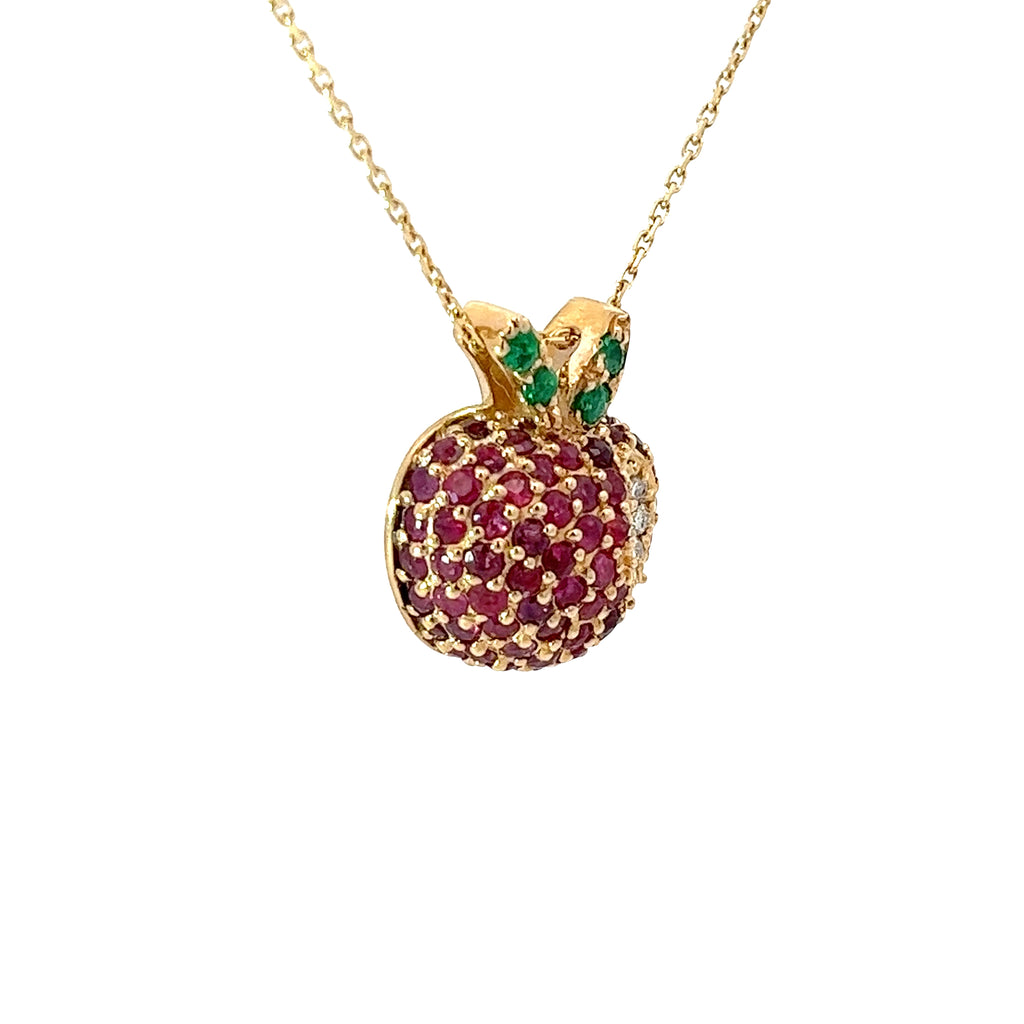 14k Yellow Gold 2.50ct Round Ruby, .10ct Round Emerald  and .07ct G VS2 Round Diamond  Apple Necklace