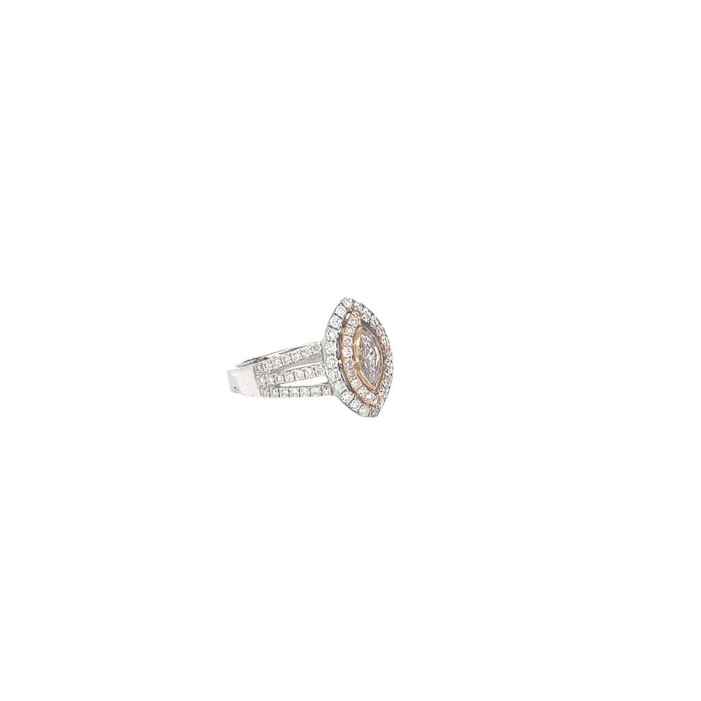 18k Rose and White Gold .50ct Natural Fancy Light Pink Marquise Diamond and .25ct Natural Pink Round Diamond the Halo and .78ct G VS2 Round Diamond  along the band Engagement ring Certified by GIA #1172463703 Size 6 1/2