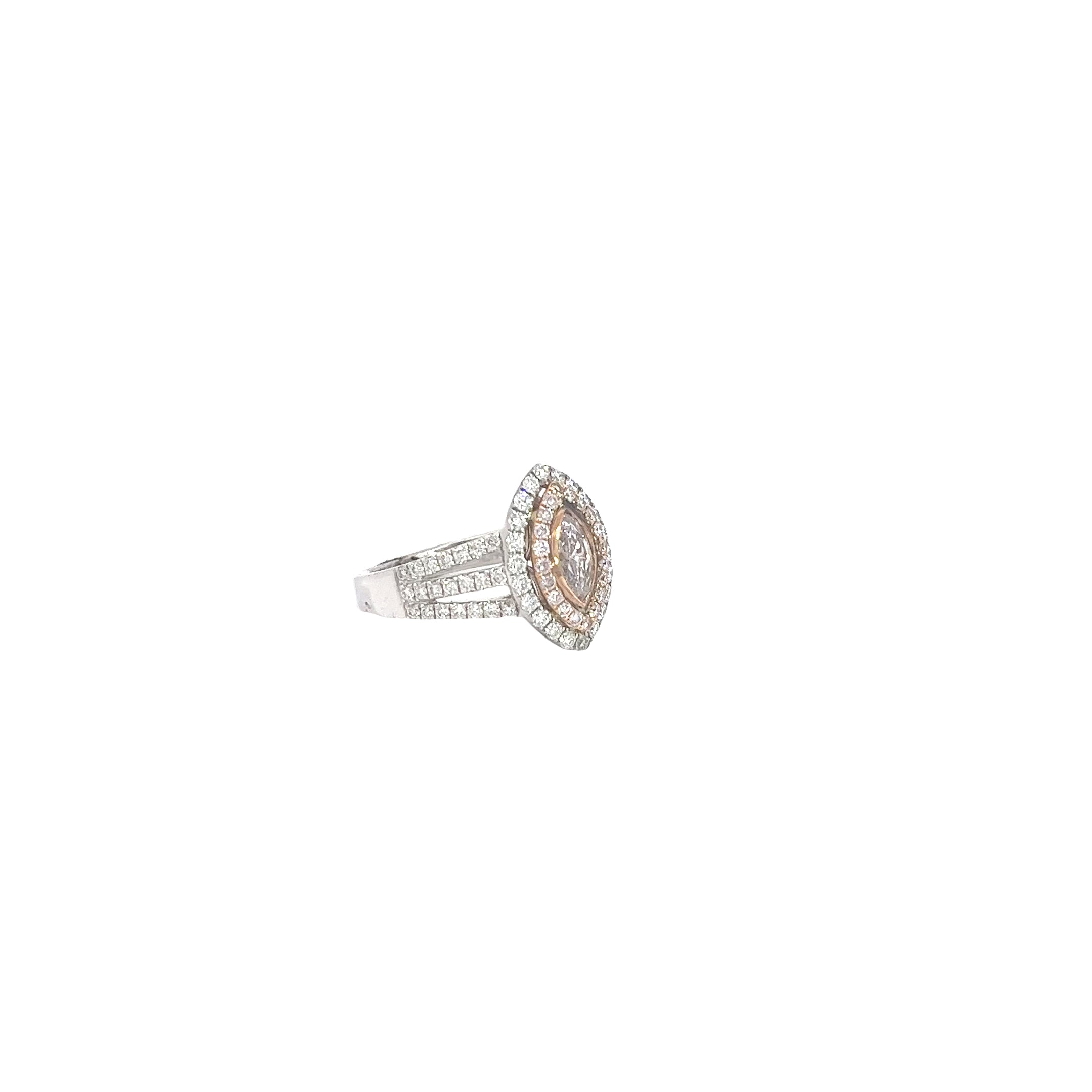 18k Rose and White Gold .50ct Natural Fancy Light Pink Marquise Diamond and .25ct Natural Pink Round Diamond the Halo and .78ct G VS2 Round Diamond  along the band Engagement ring Certified by GIA #1172463703 Size 6 1/2