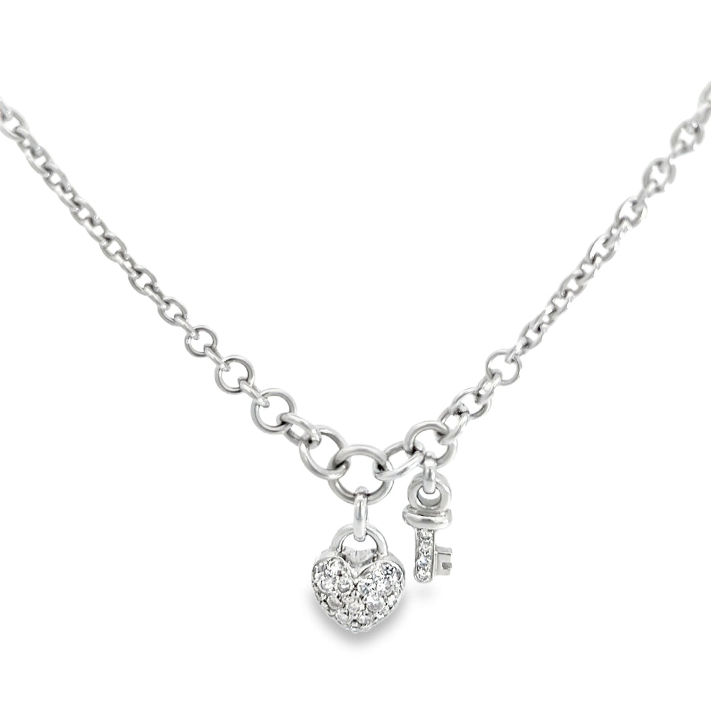 18k White Gold 1.00ct F VS2 Round Diamond Pave Puffed Heart and Key Round Rolo Necklace  2.5 gram 16" inch 3.5mm