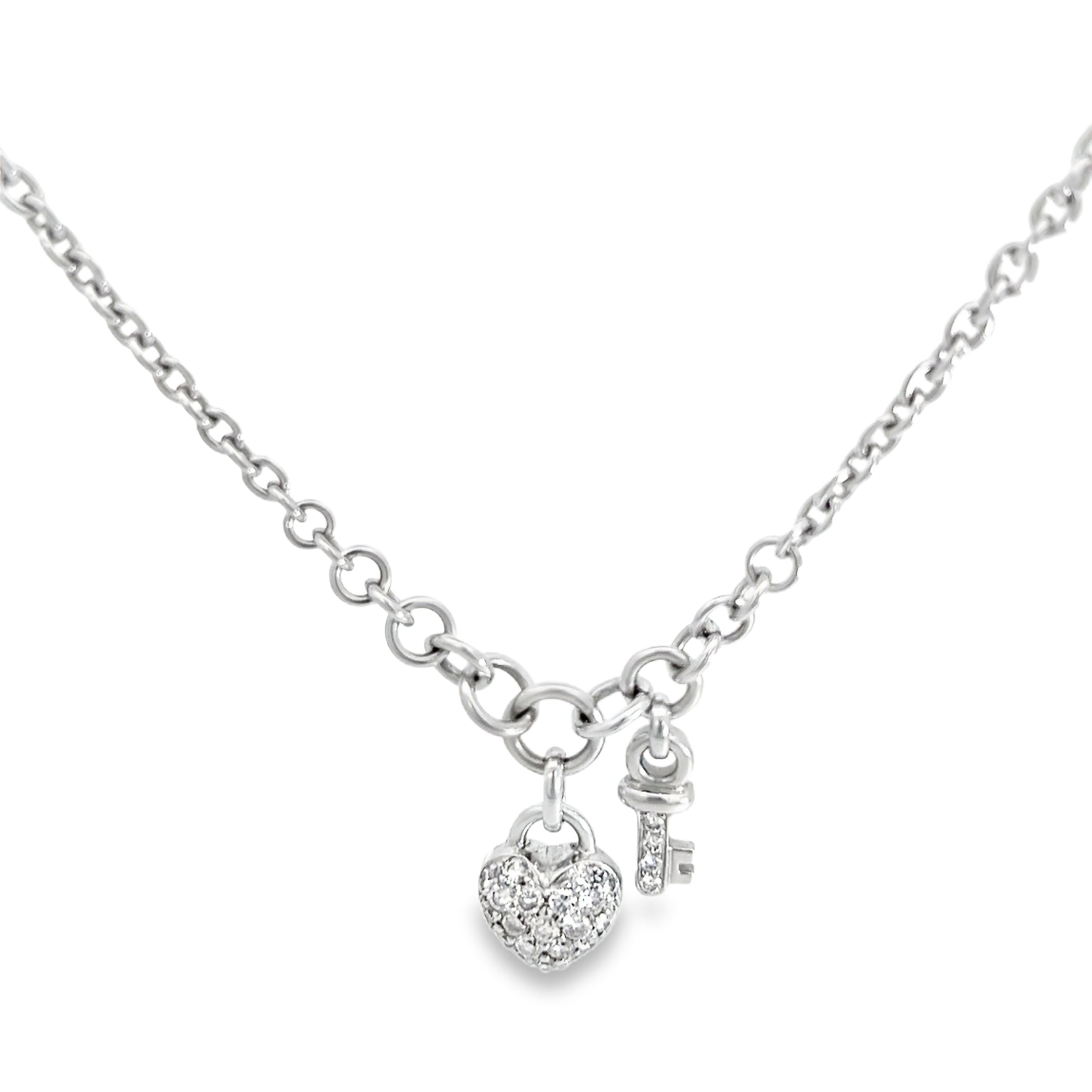 18k White Gold 1.00ct F VS2 Round Diamond Pave Puffed Heart and Key Round Rolo Necklace  2.5 gram 16" inch 3.5mm