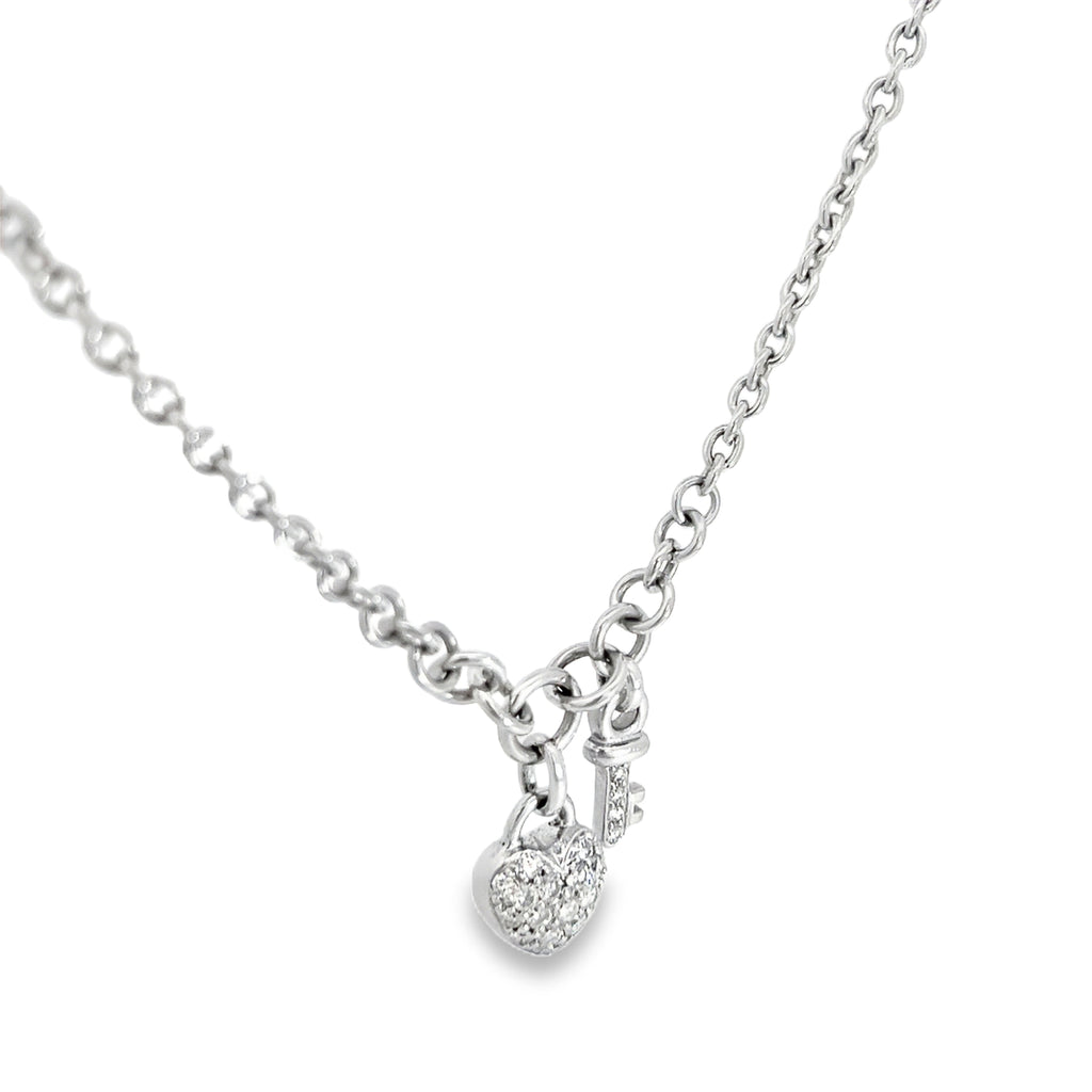 18k White Gold 1.00ct F VS2 Round Diamond Pave Puffed Heart and Key Round Rolo Necklace  2.5 gram 16" inch 3.5mm