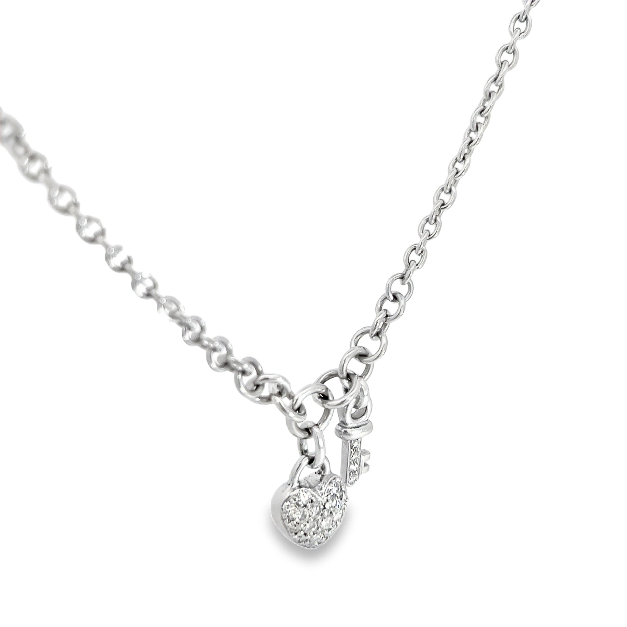 18k White Gold 1.00ct F VS2 Round Diamond Pave Puffed Heart and Key Round Rolo Necklace  2.5 gram 16" inch 3.5mm