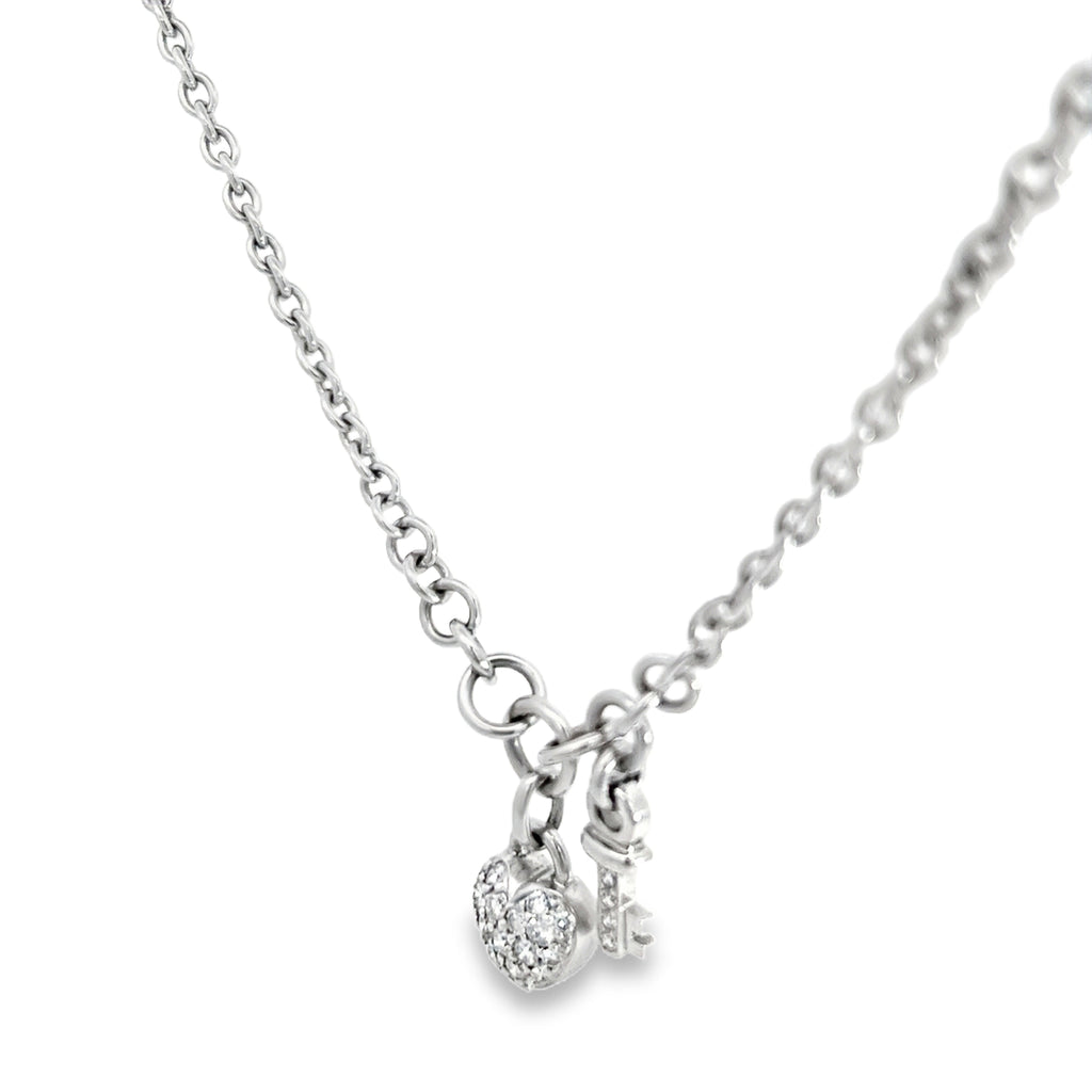 18k White Gold 1.00ct F VS2 Round Diamond Pave Puffed Heart and Key Round Rolo Necklace  2.5 gram 16" inch 3.5mm