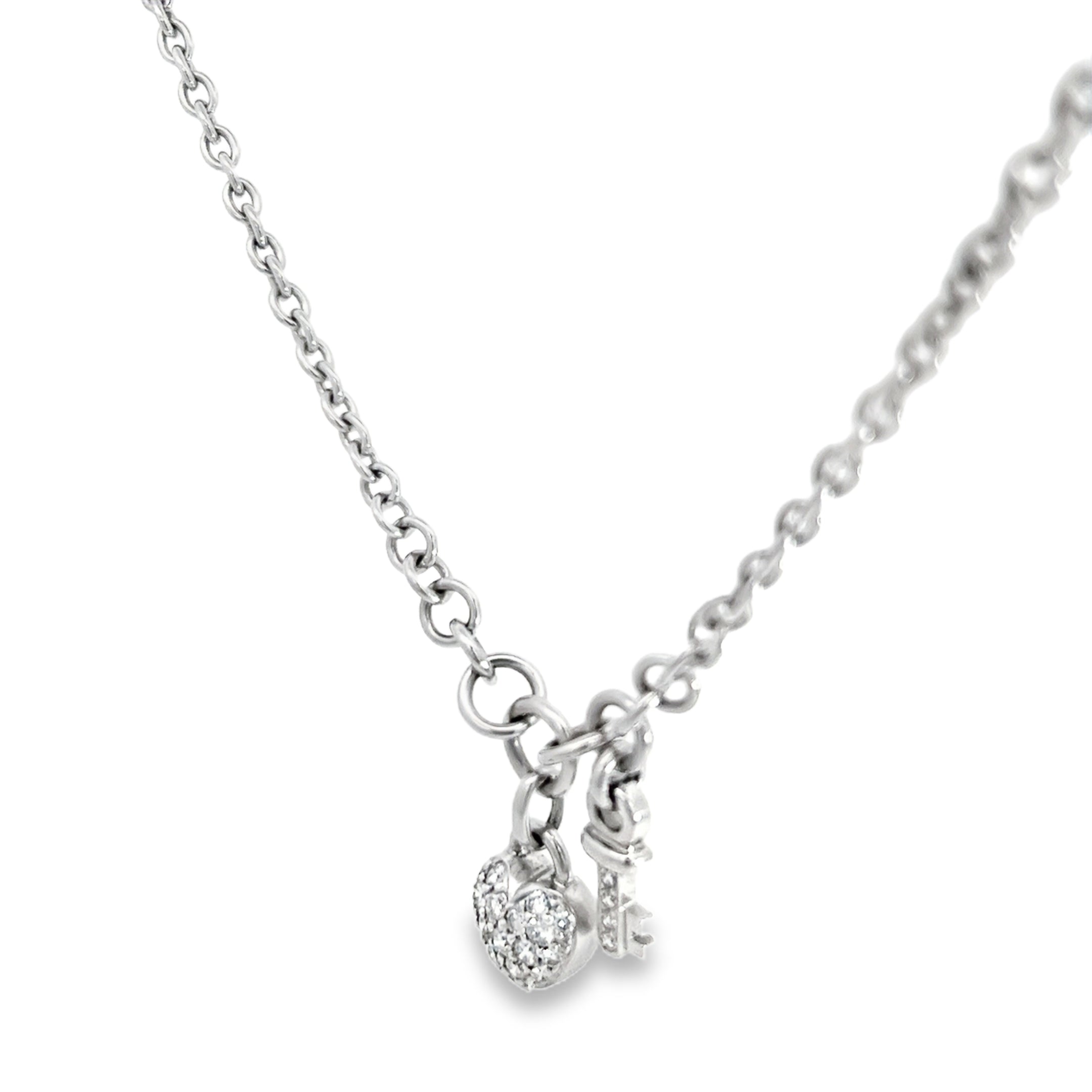 18k White Gold 1.00ct F VS2 Round Diamond Pave Puffed Heart and Key Round Rolo Necklace  2.5 gram 16" inch 3.5mm