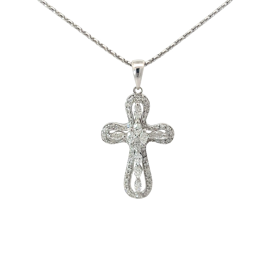 18k White Gold .75ct G VS2 Marquise/.25ct G VS2 Round Diamond Cross Pendant