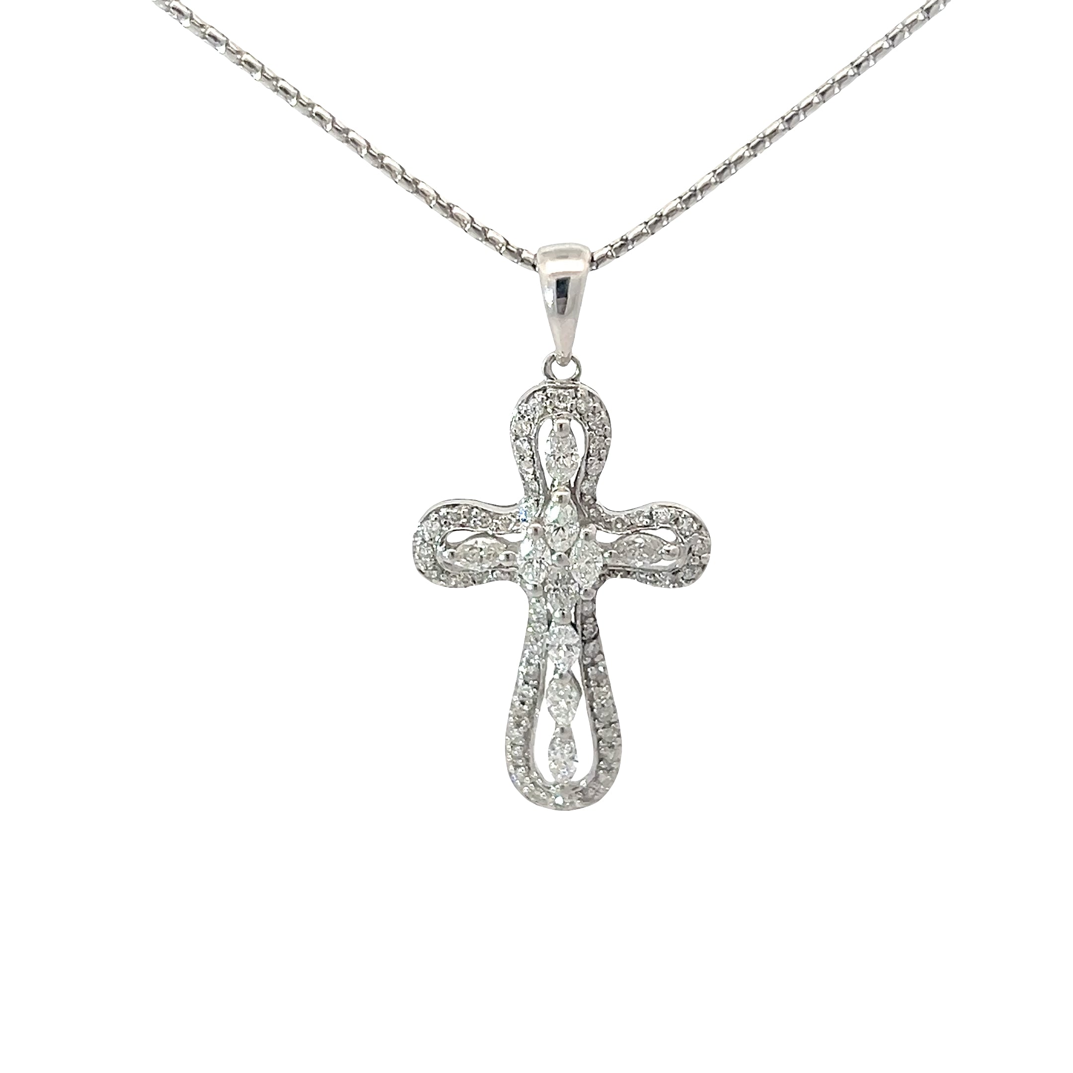 18k White Gold .75ct G VS2 Marquise/.25ct G VS2 Round Diamond Cross Pendant
