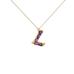 18k Yellow Gold 2.20ct Oval Amethyst and .06ct G SI1 Round Diamond "L" Necklace